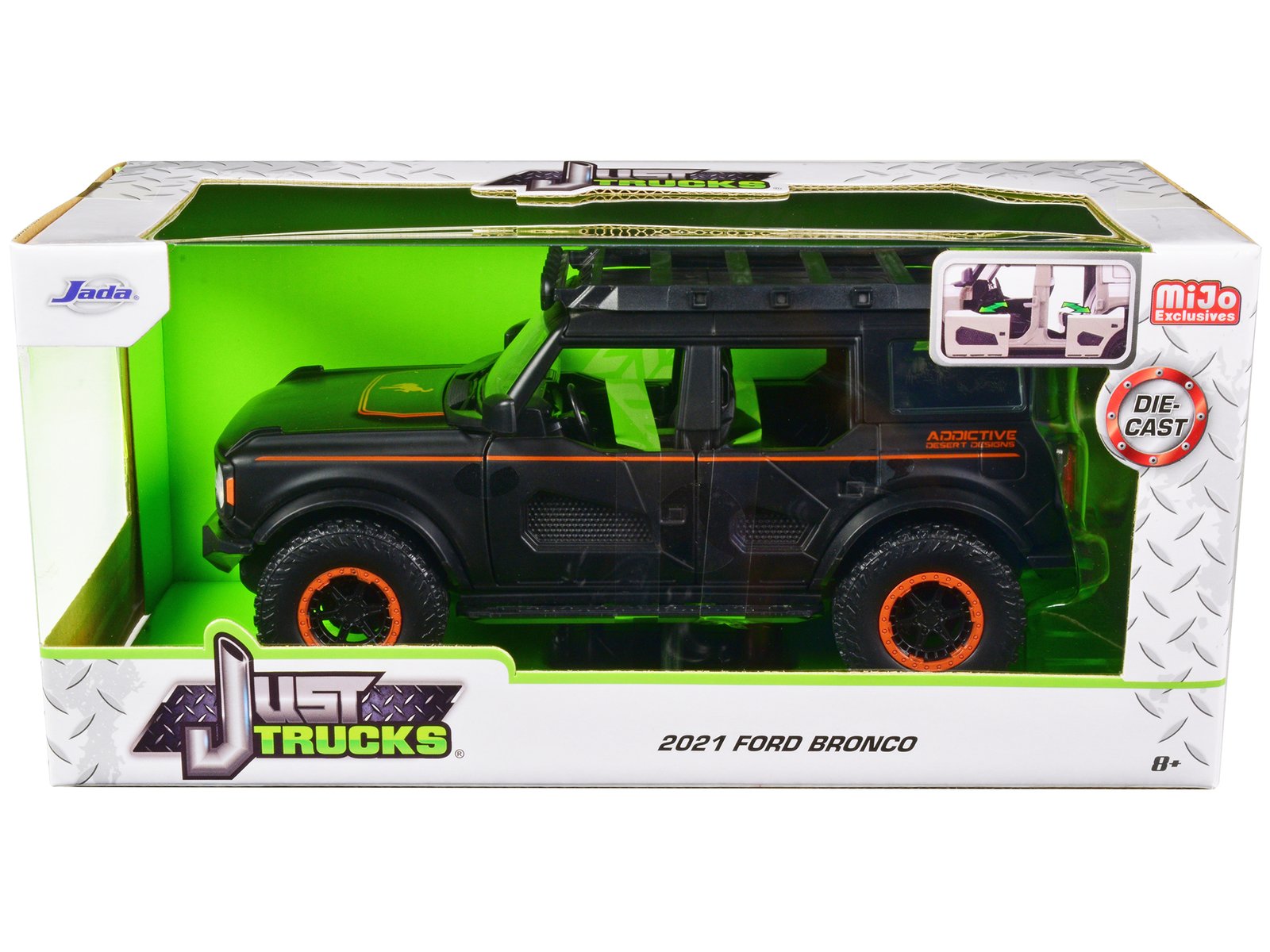 2021 ford bronco matt black with orange stripes and roof rack "addictive desert designs" "just trucks" series 1/24 diecast model car by jada 2021 ford bronco matt black with orange stripes and roof rack "addictive desert designs" "just trucks" series 1/24 diecast model car by jada
