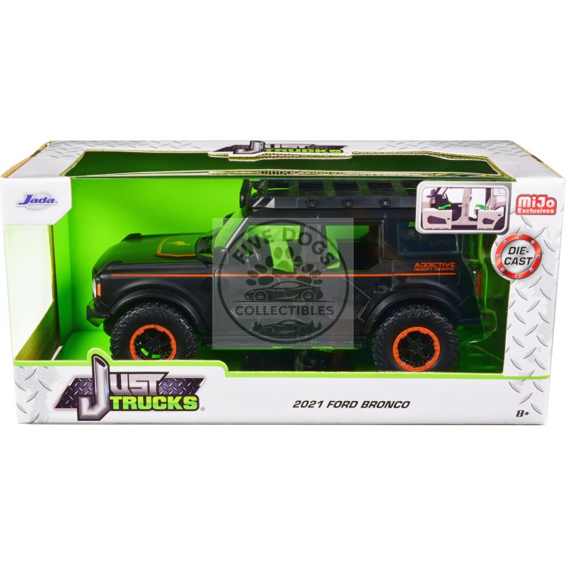 2021 ford bronco matt black with orange stripes and roof rack "addictive desert designs" "just trucks" series 1/24 diecast model car by jada