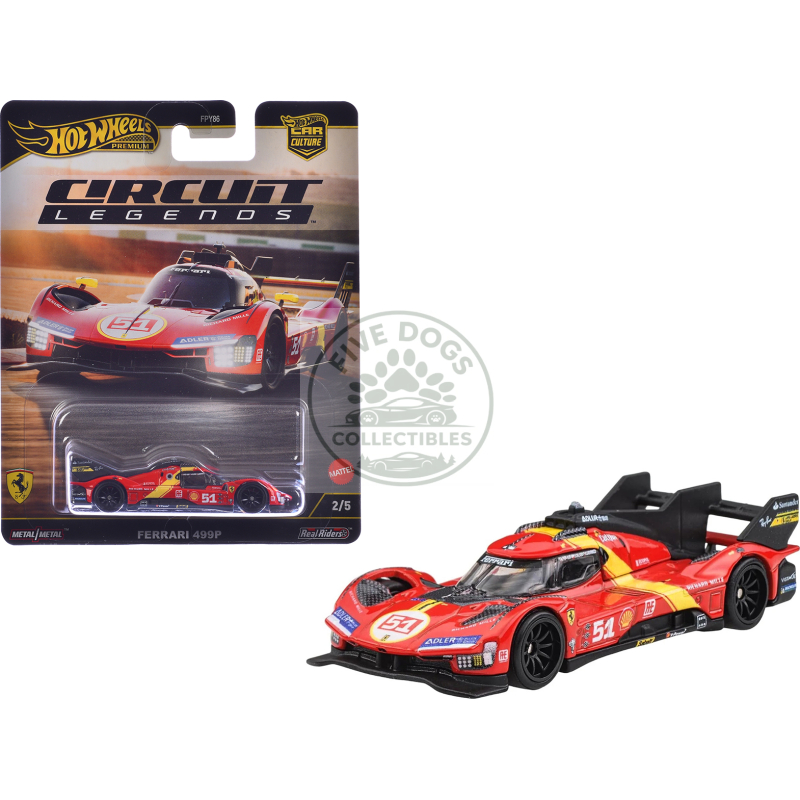 ferrari 499p #51 red with yellow stripes "circuit legends" series diecast model car by hot wheels