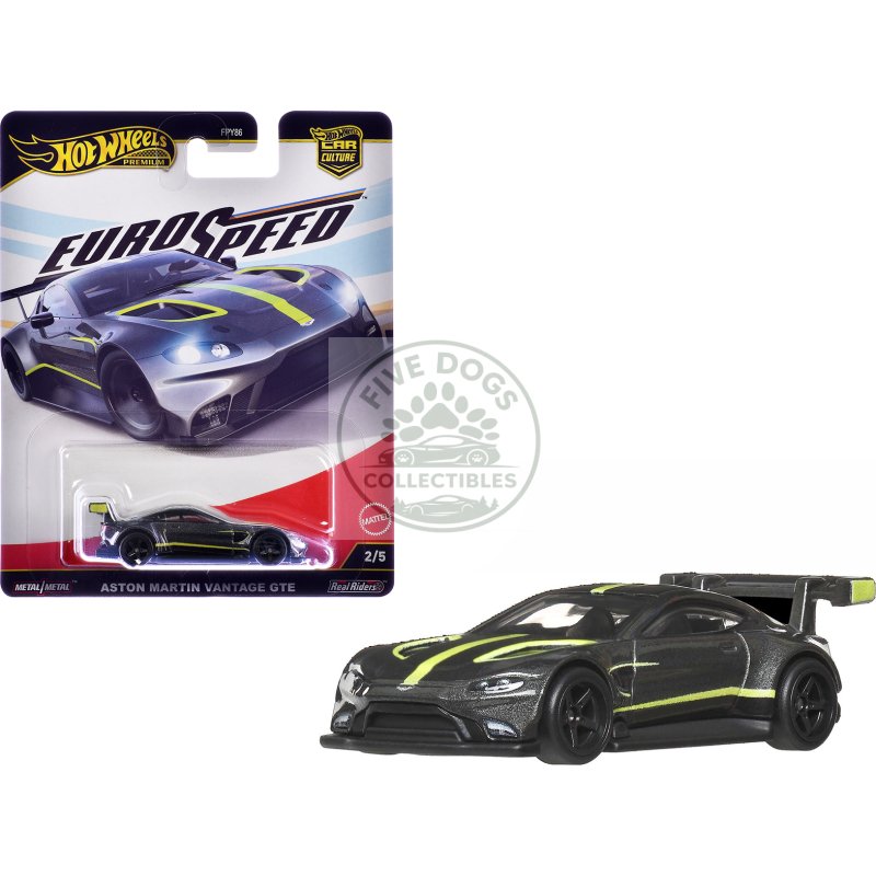 aston martin vantage gte dark gray metallic with lime green stripes "euro speed" series diecast model car by hot wheels