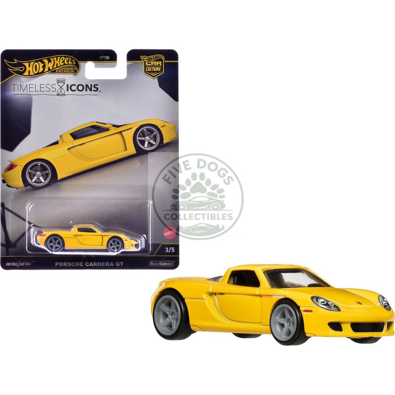 porsche carrera gt yellow "timeless icons" series diecast model car by hot wheels