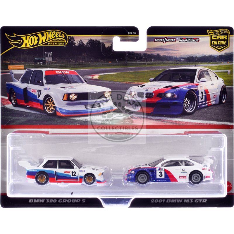 bmw 320 group 5 #12 white with stripes and 2001 bmw m3 gtr #3 white with stripes "car culture" set of 2 cars diecast model cars by hot wheels