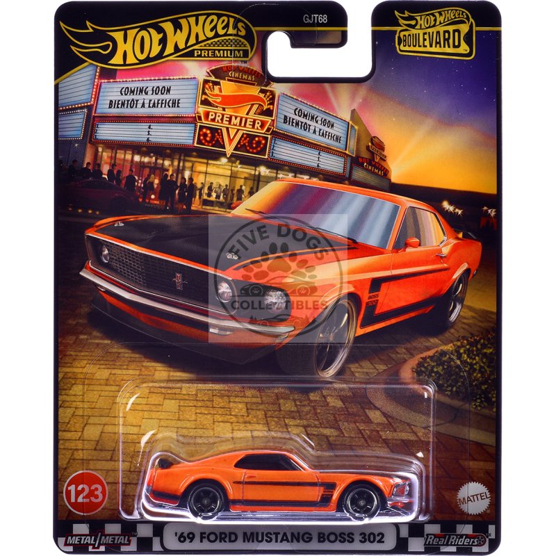 1969 ford mustang boss 302 orange with black stripes and hood "boulevard" series diecast model car by hot wheels