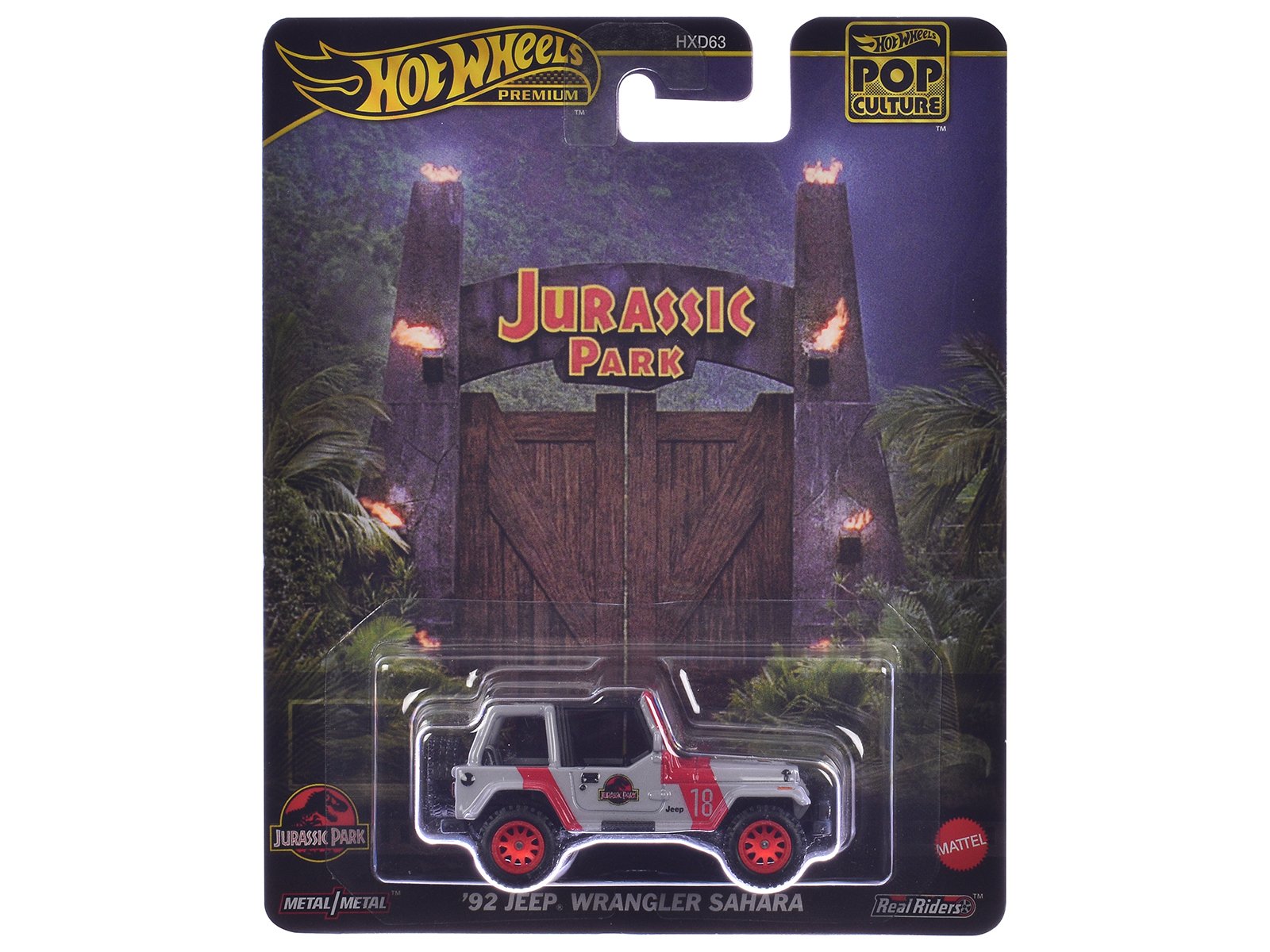 1992 jeep wrangler sahara gray with red stripes "jurassic park" (1993) movie "pop culture" series diecast model car by hot wheels 1992 jeep wrangler sahara gray with red stripes "jurassic park" (1993) movie "pop culture" series diecast model car by hot wheels