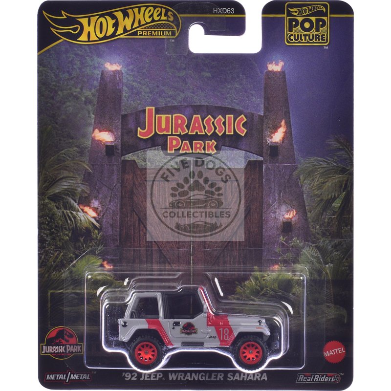 1992 jeep wrangler sahara gray with red stripes "jurassic park" (1993) movie "pop culture" series diecast model car by hot wheels