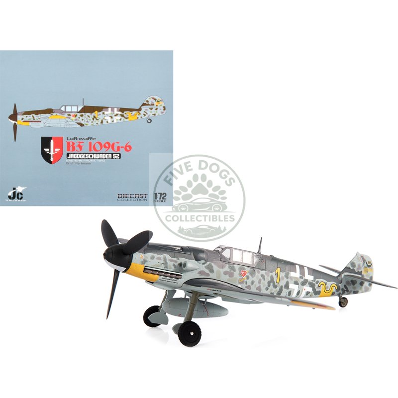 messerschmitt luftwaffe bf 109g 6 fighter plane "jagdgeschwader 52 eastern front 1943 erich hartmann" with display stand limited edition to 600 pieces worldwide 1/72 diecast model by jc wings