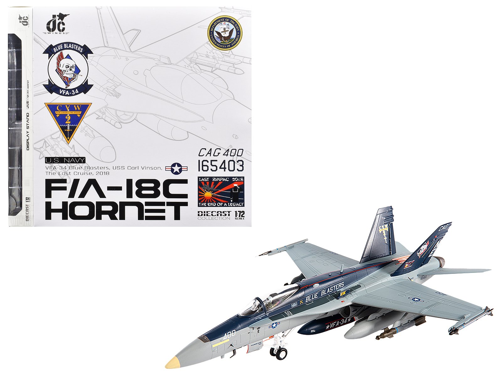 mcdonnell douglas f/a 18c hornet aircraft "vfa 34 blue blasters uss carl vinson last cruise" (2018) united states navy 1/72 diecast model by jc wings mcdonnell douglas f/a 18c hornet aircraft "vfa 34 blue blasters uss carl vinson last cruise" (2018) united states navy 1/72 diecast model by jc wings