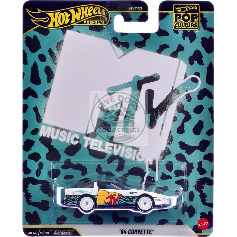 1984 chevrolet corvette "mtv" white with stripes and graphics "pop culture" series diecast model car by hot wheels