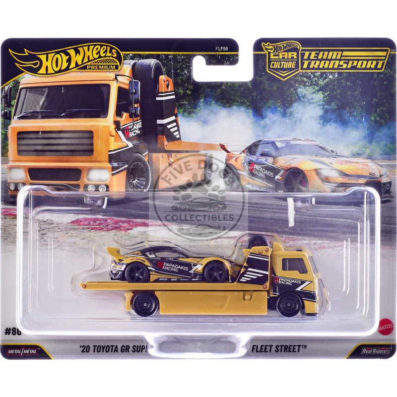 fleet street flatbed truck yellow with graphics and 2020 toyota gr supra #15 yellow with black graphics "papadakis racing" "team transport car culture" series diecast model cars by hot wheels