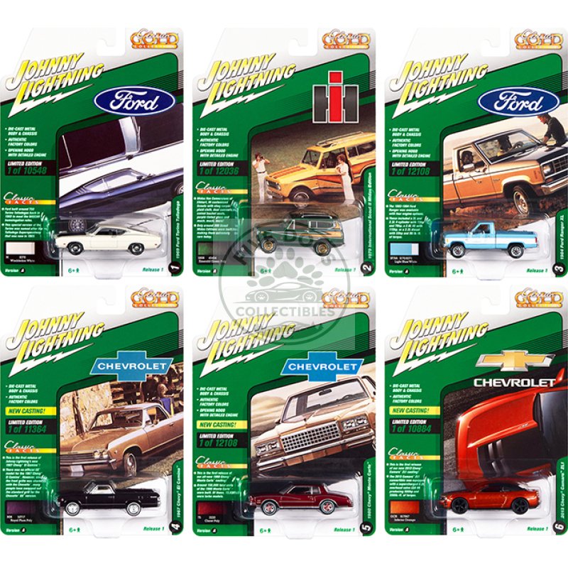 "classic gold collection" 2022 set a of 6 cars release 1 1/64 diecast model cars by johnny lightning