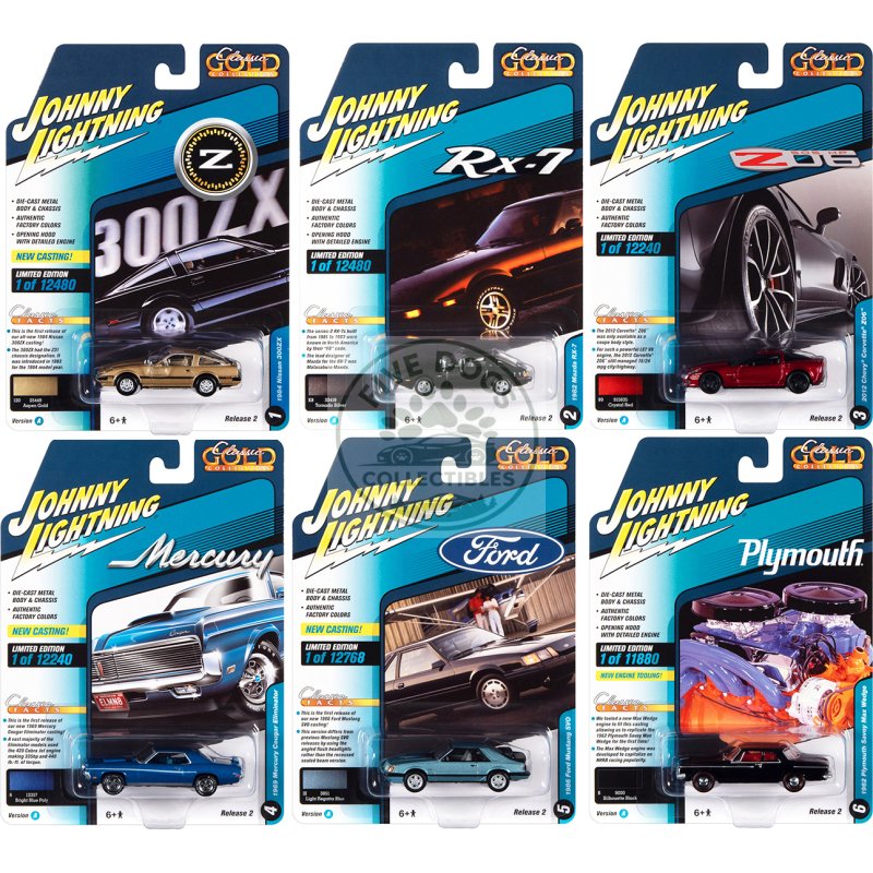"classic gold collection" 2022 set a of 6 cars release 2 1/64 diecast model cars by johnny lightning
