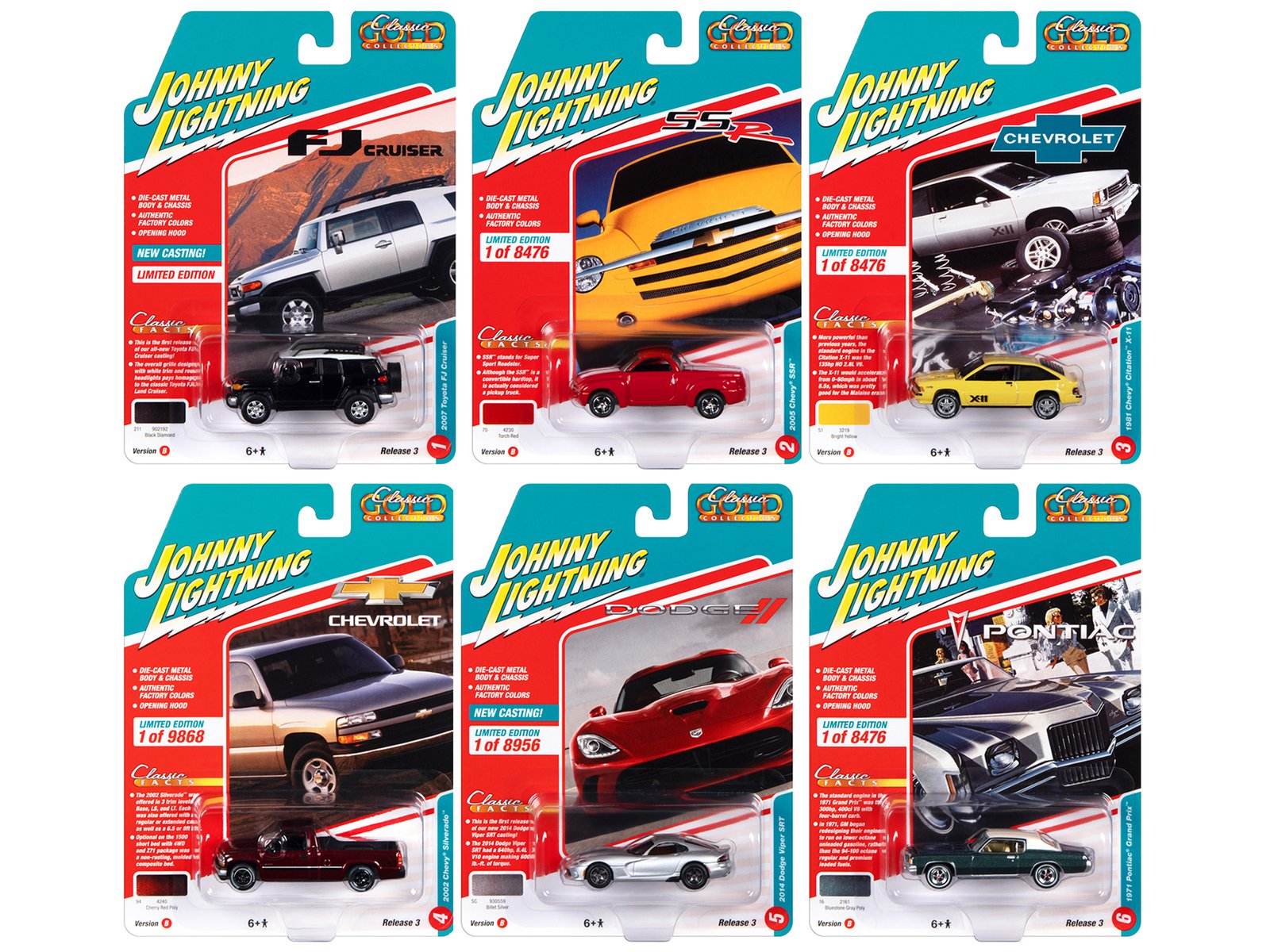 "classic gold collection" 2022 set b of 6 cars release 3 1/64 diecast model cars by johnny lightning "classic gold collection" 2022 set b of 6 cars release 3 1/64 diecast model cars by johnny lightning