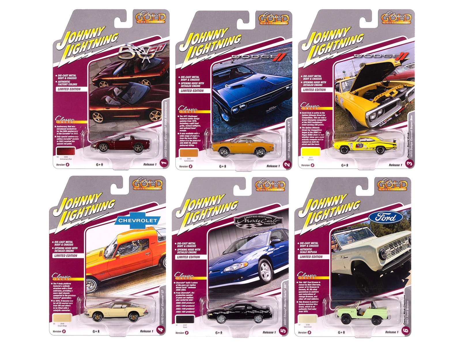 "classic gold collection" 2025 release 1 set b of 6 cars 1/64 diecast model cars by johnny lightning "classic gold collection" 2025 release 1 set b of 6 cars 1/64 diecast model cars by johnny lightning