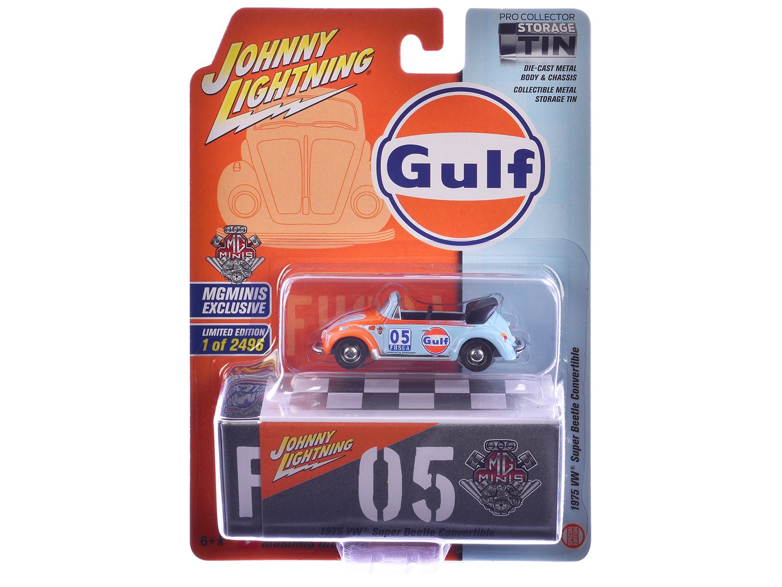 1975 volkswagen super beetle convertible #05 "gulf oil" light blue and orange "mgminis exclusive" series limited edition to 2496 pieces worldwide 1/64 diecast model car by johnny lightning 1975 volkswagen super beetle convertible #05 "gulf oil" light blue and orange "mgminis exclusive" series limited edition to 2496 pieces worldwide 1/64 diecast model car by johnny lightning