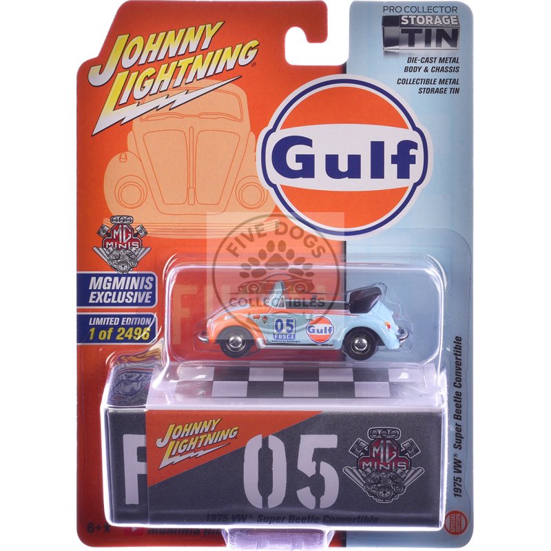 1975 volkswagen super beetle convertible #05 "gulf oil" light blue and orange "mgminis exclusive" series limited edition to 2496 pieces worldwide 1/64 diecast model car by johnny lightning