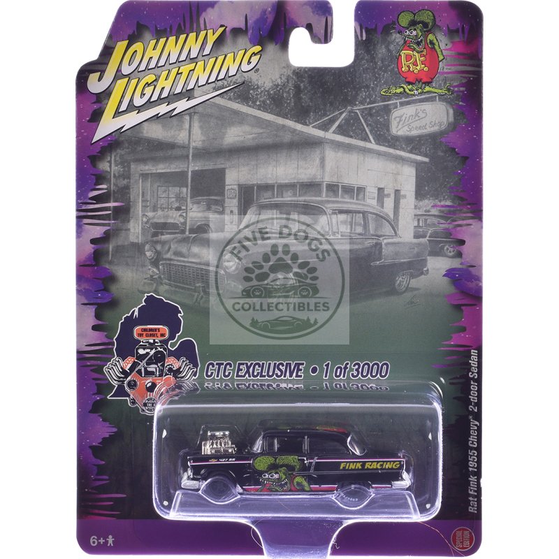 1955 chevrolet 2 door sedan "rat fink racing" black with graphics "ctc exclusive" series limited edition to 3000 pieces worldwide 1/64 diecast model car by johnny lightning