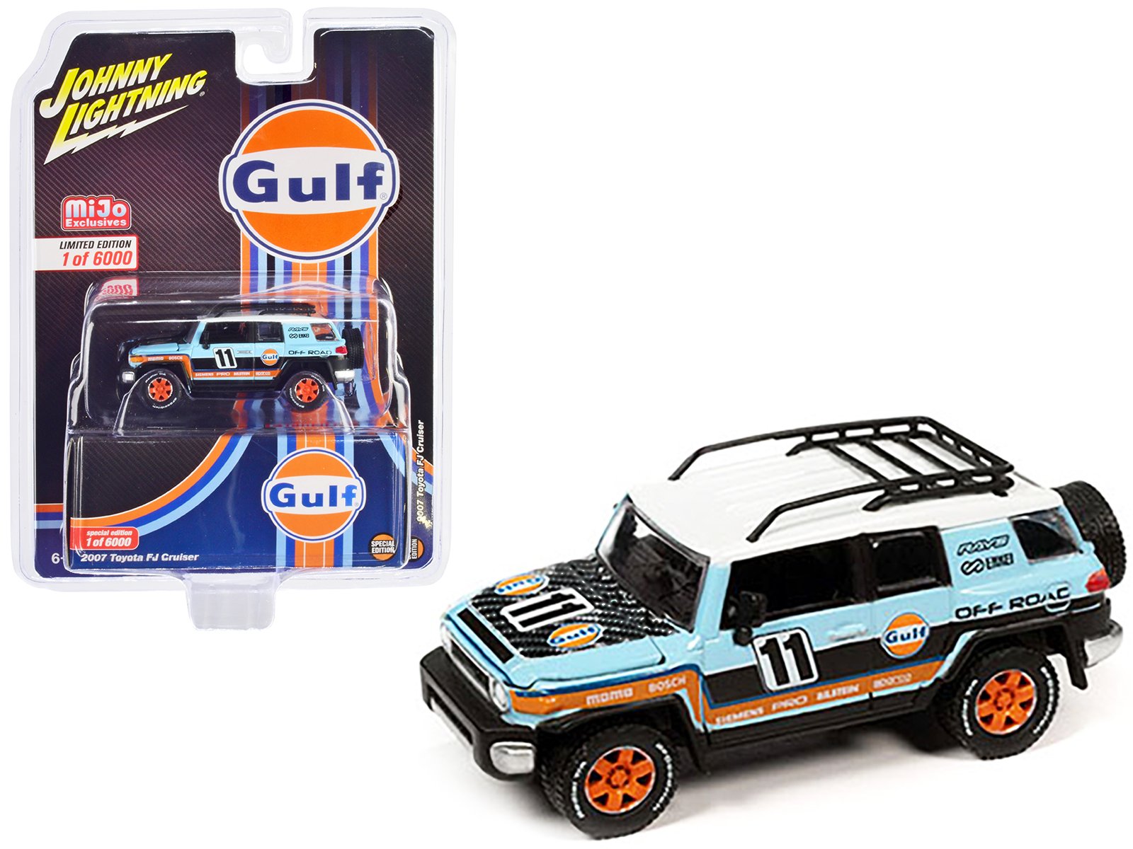 2007 toyota fj cruiser #11 light blue "gulf oil" with roofrack limited edition to 6000 pieces worldwide 1/64 diecast model car by johnny lightning 2007 toyota fj cruiser #11 light blue "gulf oil" with roofrack limited edition to 6000 pieces worldwide 1/64 diecast model car by johnny lightning