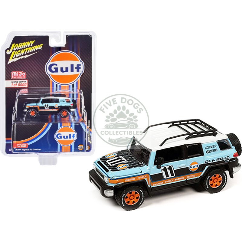 2007 toyota fj cruiser #11 light blue "gulf oil" with roofrack limited edition to 6000 pieces worldwide 1/64 diecast model car by johnny lightning