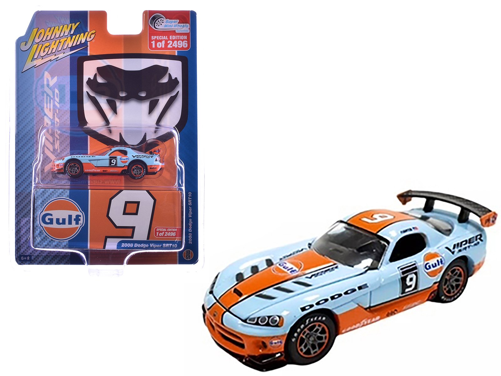2008 dodge viper srt10 #9 "gulf oil" light blue and orange limited edition to 2496 pieces worldwide 1/64 diecast model car by johnny lightning 2008 dodge viper srt10 #9 "gulf oil" light blue and orange limited edition to 2496 pieces worldwide 1/64 diecast model car by johnny lightning