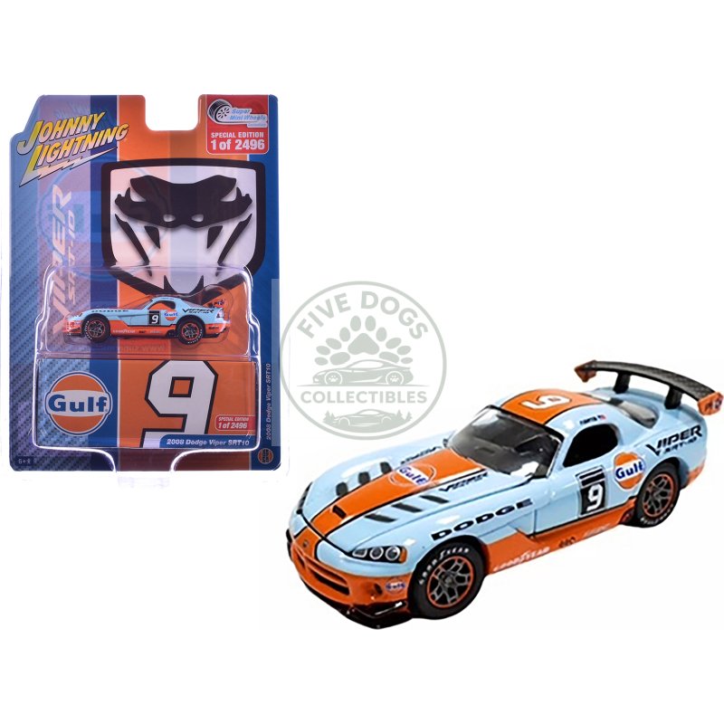 2008 dodge viper srt10 #9 "gulf oil" light blue and orange limited edition to 2496 pieces worldwide 1/64 diecast model car by johnny lightning