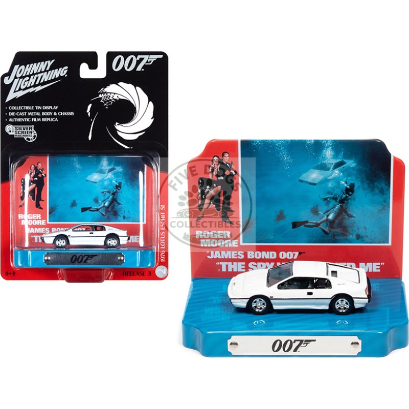 1976 lotus esprit s1 white with collectible tin display "007" (james bond) "the spy who loved me" (1977) movie (10th in the james bond series) 1/64 diecast model car by johnny lightning