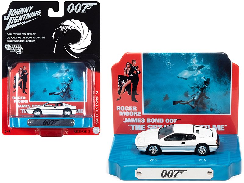 1976 lotus esprit s1 white with collectible tin display "007" (james bond) "the spy who loved me" (1977) movie (10th in the james bond series) 1/64 diecast model car by johnny lightning 1976 lotus esprit s1 white with collectible tin display "007" (james bond) "the spy who loved me" (1977) movie (10th in the james bond series) 1/64 diecast model car by johnny lightning
