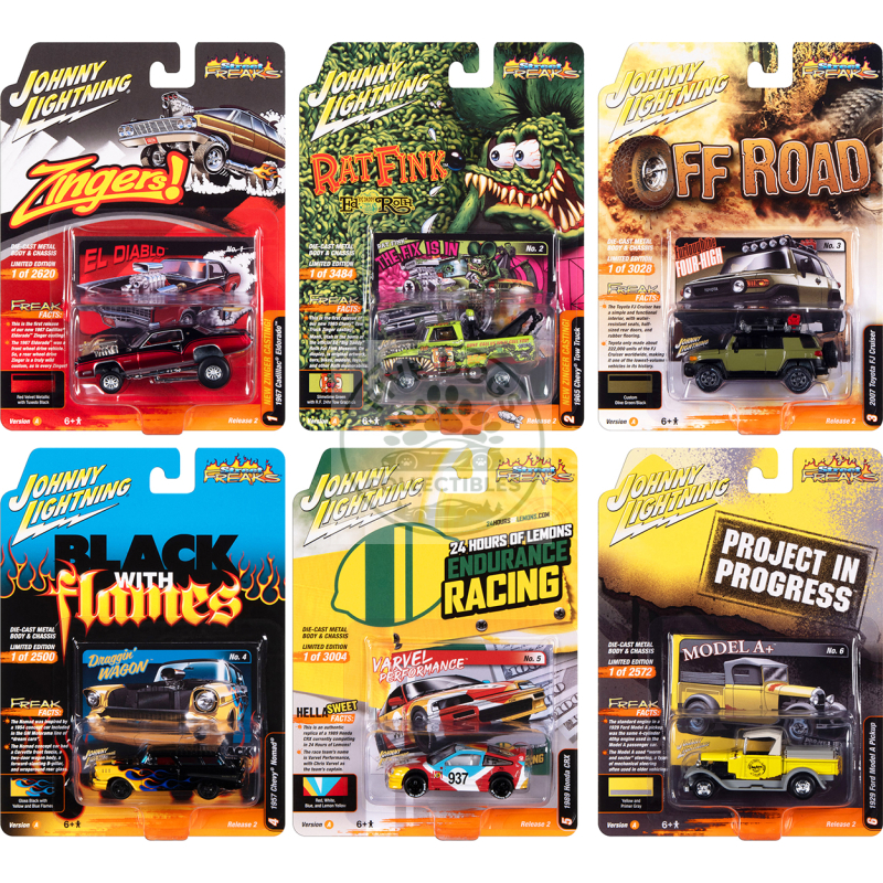 "street freaks" 2023 set a of 6 cars release 2 1/64 diecast model cars by johnny lightning