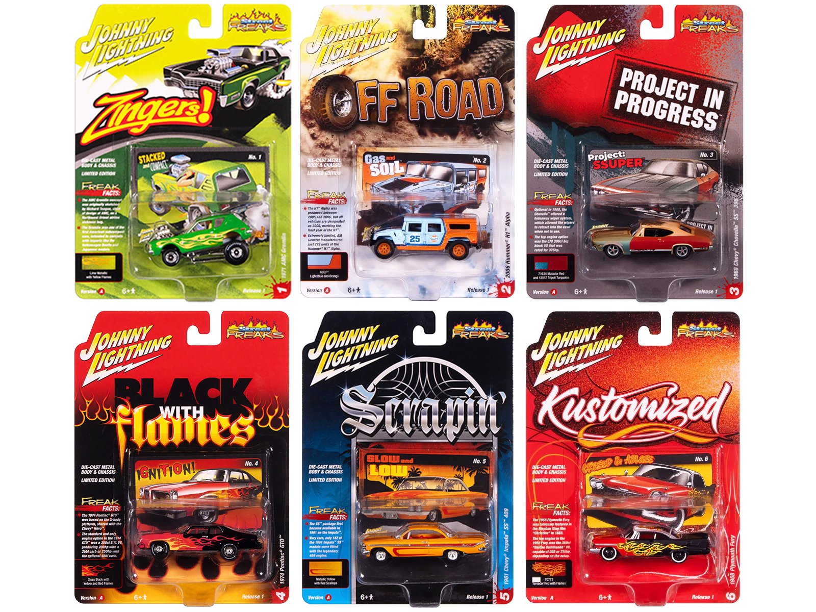 "street freaks" 2025 release 1 set a of 6 cars 1/64 diecast model cars by johnny lightning "street freaks" 2025 release 1 set a of 6 cars 1/64 diecast model cars by johnny lightning