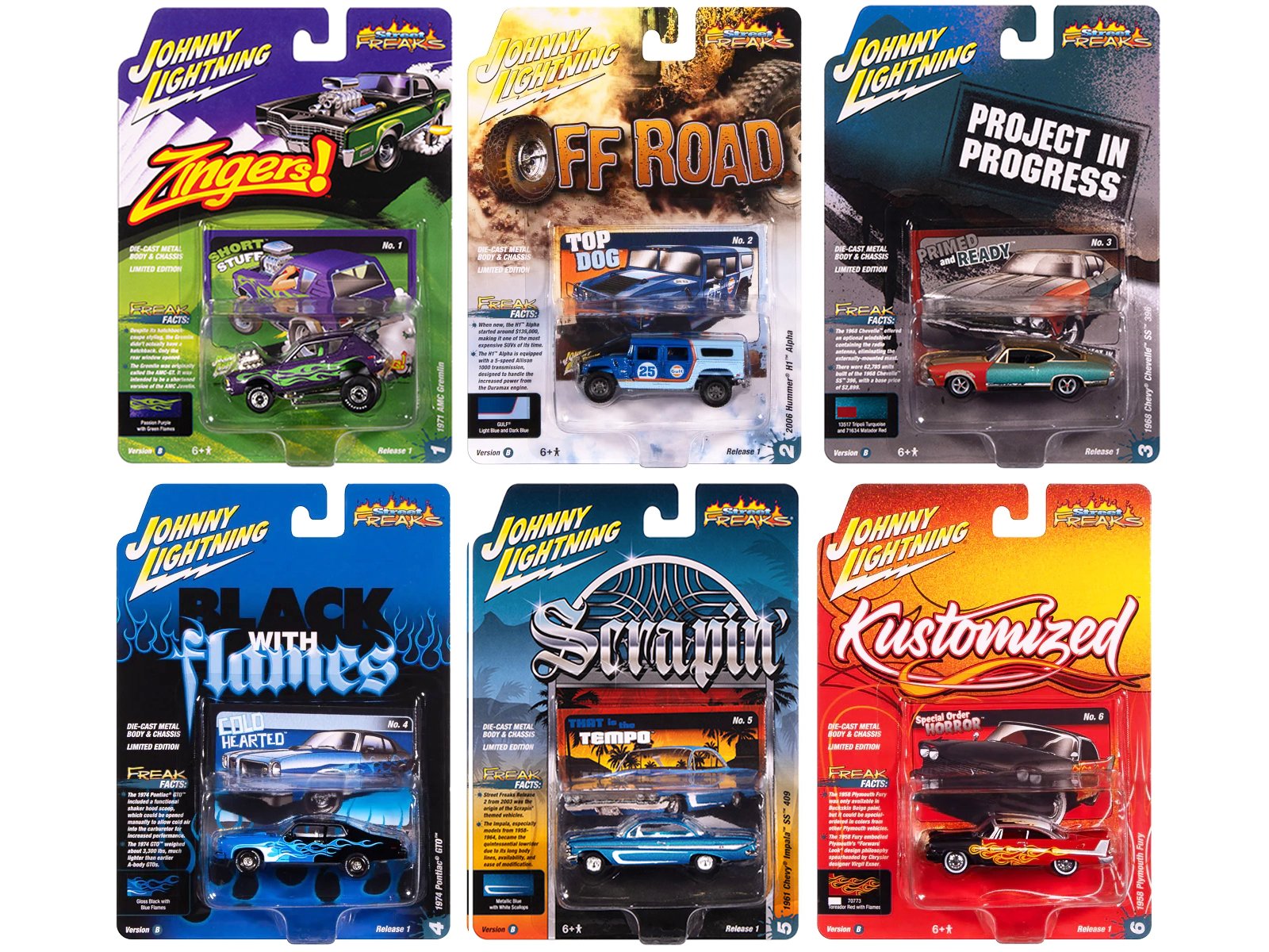 "street freaks" 2025 release 1 set b of 6 cars 1/64 diecast model cars by johnny lightning "street freaks" 2025 release 1 set b of 6 cars 1/64 diecast model cars by johnny lightning