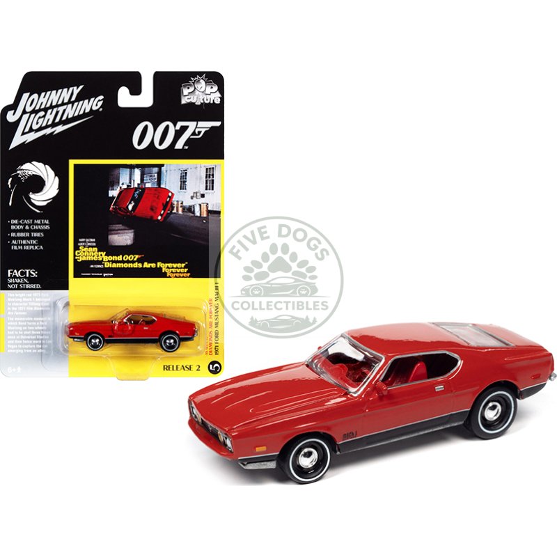 1971 ford mustang mach 1 bright red with black bottom (james bond 007) "diamonds are forever" (1971) movie "pop culture" series 1/64 diecast model car by johnny lightning