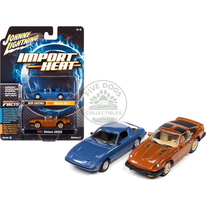 1982 mazda rx 7 blue metallic and 1981 datsun 280zx orange mist metallic "import heat" set of 2 cars 1/64 diecast model cars by johnny lightning