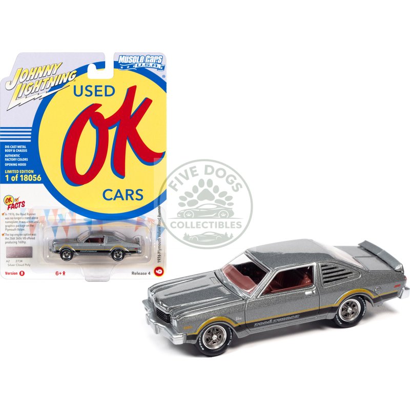1976 plymouth volare road runner silver cloud metallic with stripes "ok used cars" series limited edition to 18056 pieces worldwide 1/64 diecast model car by johnny lightning