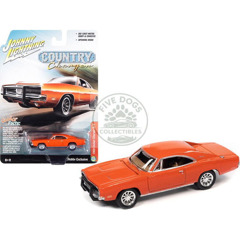 1969 dodge charger r/t orange "country charger" 1/64 diecast model car by johnny lightning