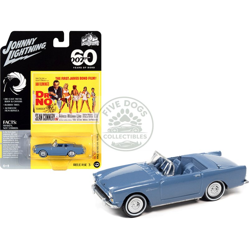 1962 sunbeam alpine convertible lake blue james bond 007 "dr. no" (1962) movie "pop culture" series 3 1/64 diecast model car by johnny lightning