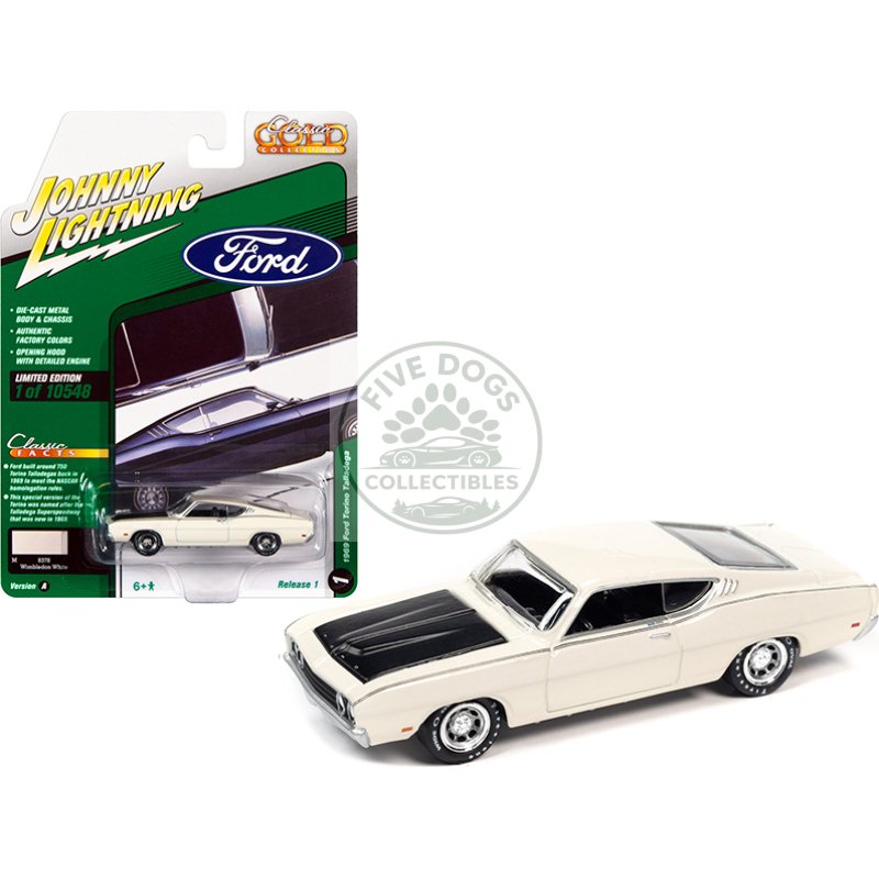 1969 ford torino talladega wimbledon white with matt black hood "classic gold collection" series limited edition to 10548 pieces worldwide 1/64 diecast model car by johnny lightning