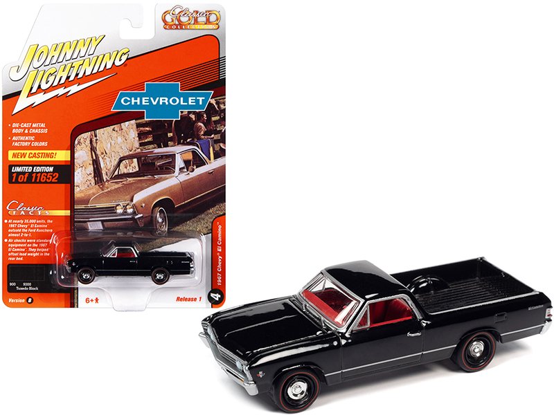 1967 chevrolet el camino tuxedo black with red interior "classic gold collection" series limited edition to 11652 pieces worldwide 1/64 diecast model car by johnny lightning 1967 chevrolet el camino tuxedo black with red interior "classic gold collection" series limited edition to 11652 pieces worldwide 1/64 diecast model car by johnny lightning