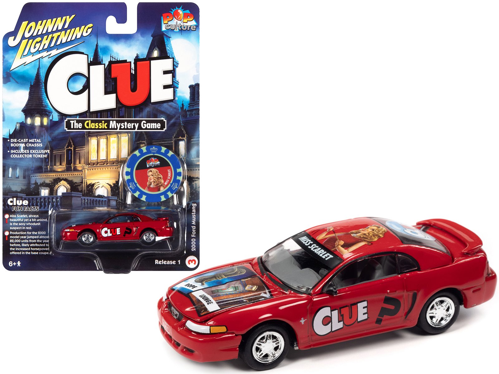 2000 ford mustang "miss scarlet" red with graphics with poker chip (collector token) "modern clue" "pop culture" 2022 release 1 1/64 diecast model car by johnny lightning 2000 ford mustang "miss scarlet" red with graphics with poker chip (collector token) "modern clue" "pop culture" 2022 release 1 1/64 diecast model car by johnny lightning