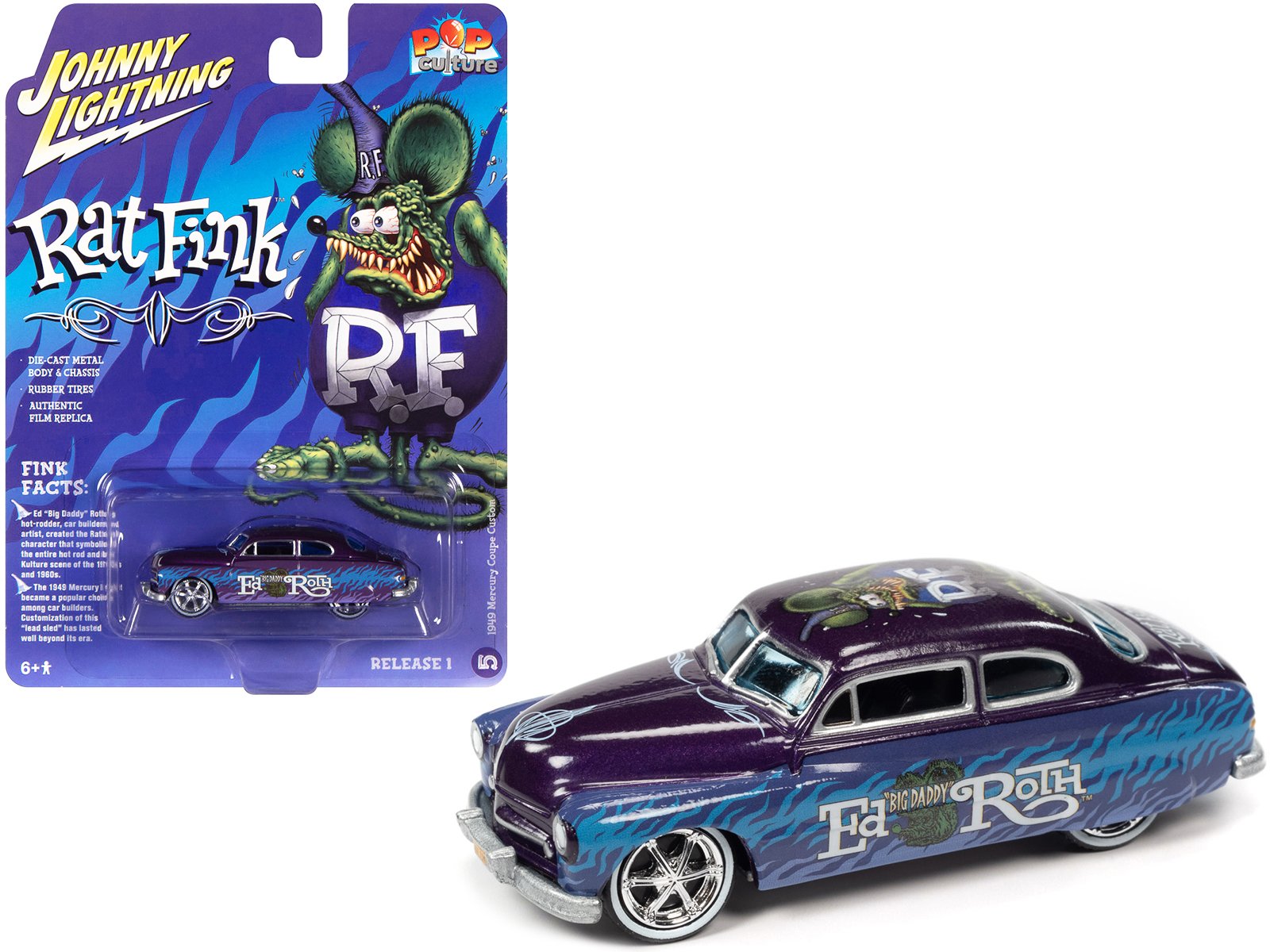 1949 mercury coupe custom purple metallic with graphics "rat fink" "pop culture" 2022 release 1 1/64 diecast model car by johnny lightning 1949 mercury coupe custom purple metallic with graphics "rat fink" "pop culture" 2022 release 1 1/64 diecast model car by johnny lightning