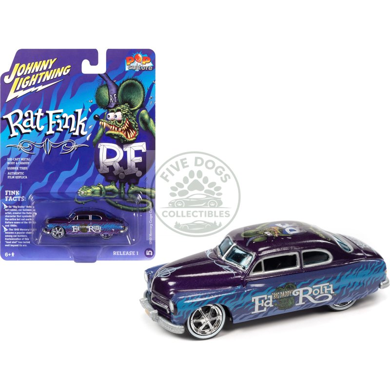 1949 mercury coupe custom purple metallic with graphics "rat fink" "pop culture" 2022 release 1 1/64 diecast model car by johnny lightning