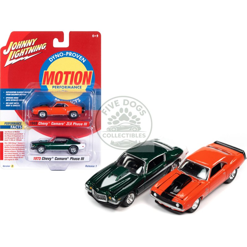 1969 chevrolet camaro zlx phase iii hugger orange with black stripes and 1973 chevrolet camaro phase iii dark green metallic and white "baldwin motion" set of 2 cars 1/64 diecast model cars by johnny lightning