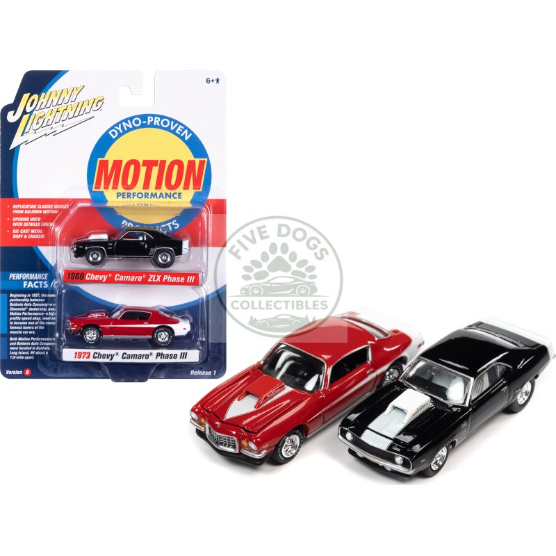 1969 chevrolet camaro zlx phase iii black with white stripes and 1973 chevrolet camaro phase iii medium red and white "baldwin motion" set of 2 cars 1/64 diecast model cars by johnny lightning