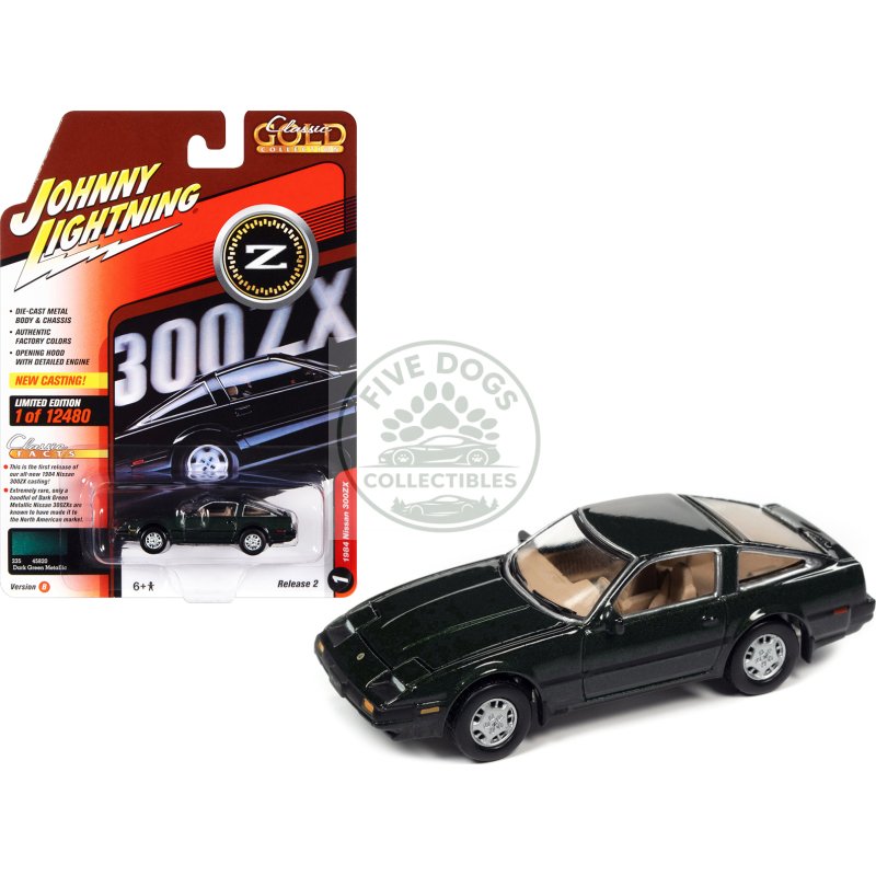 1984 nissan 300zx dark green with black stripes "classic gold collection" series limited edition to 12480 pieces worldwide 1/64 diecast model car by johnny lightning