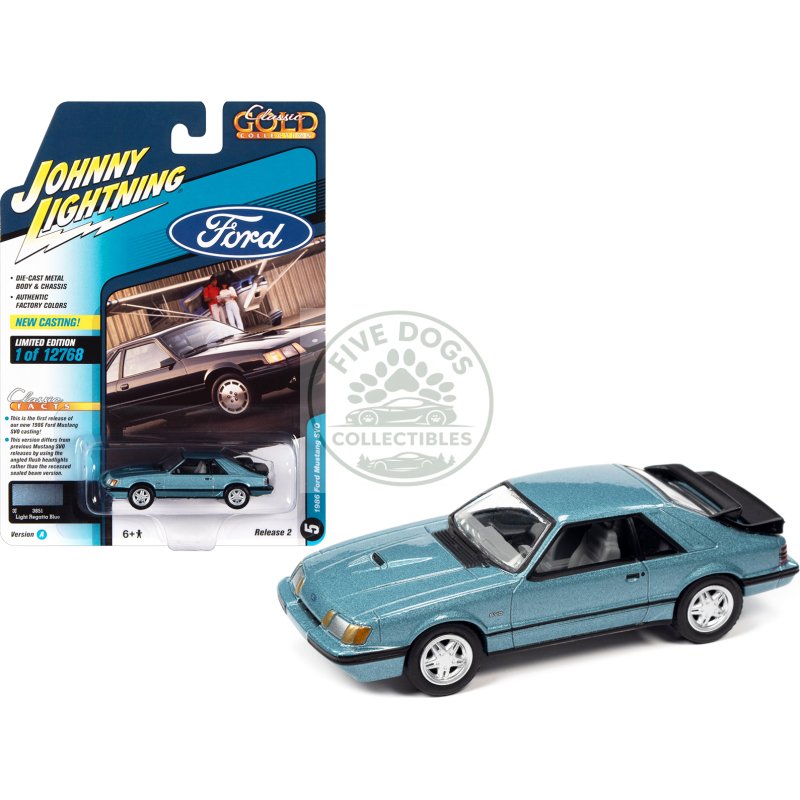 1986 ford mustang svo light regatta blue metallic with black stripes "classic gold collection" series limited edition to 12768 pieces worldwide 1/64 diecast model car by johnny lightning