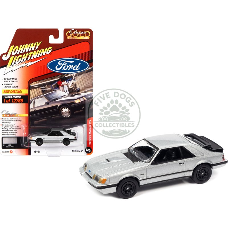 1986 ford mustang svo silver metallic with black stripes "classic gold collection" series limited edition to 12768 pieces worldwide 1/64 diecast model car by johnny lightning