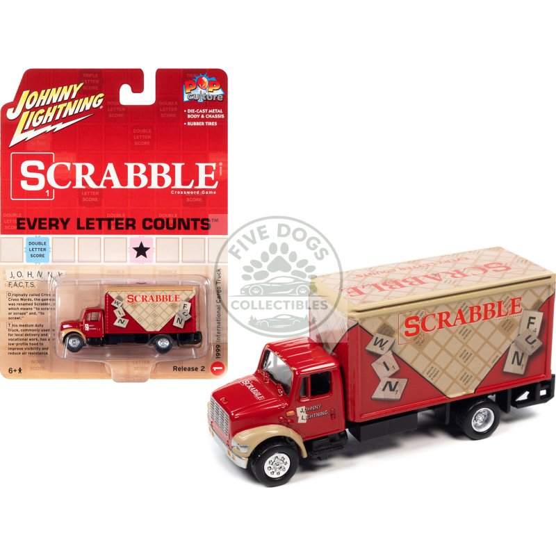 1999 international cargo truck red with graphics "scrabble" "pop culture" 2022 release 2 1/64 diecast model car by johnny lightning