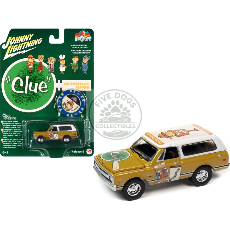1970 chevrolet blazer mustard yellow with white top (colonel mustard) w/poker chip collector's token "vintage clue" "pop culture" 2022 release 2 1/64 diecast model car by johnny lightning