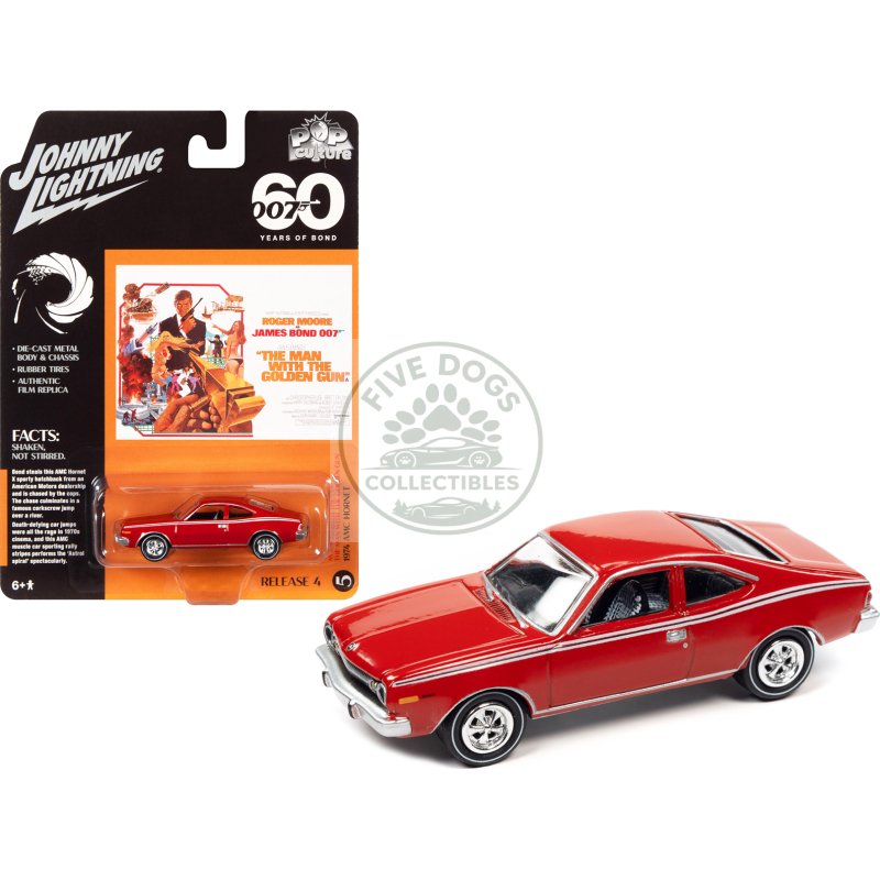 1974 amc hornet red 007 james bond "the man with the golden gun" (1974) movie "pop culture" 2022 release 4 1/64 diecast model car by johnny lightning