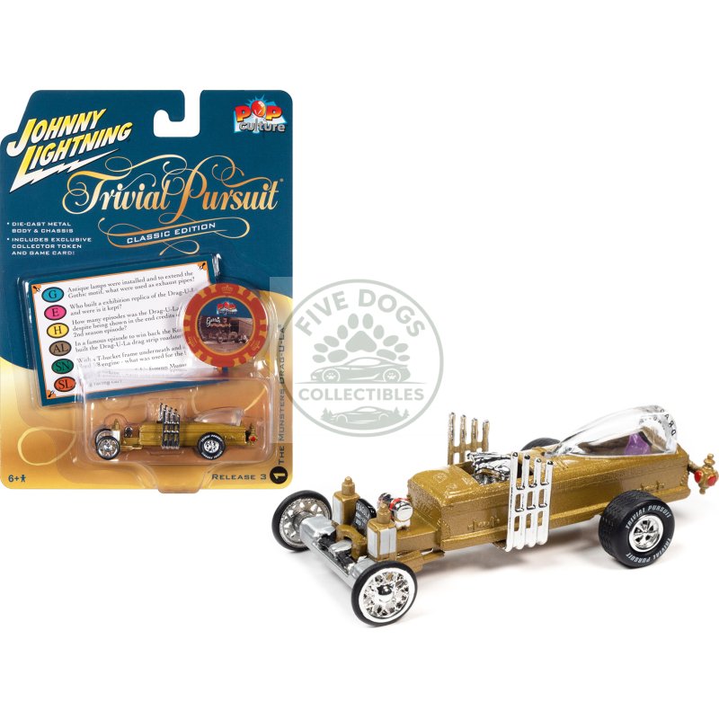 barris drag u la "the munsters" "trivia pursuit" with poker chip collector's token and game card "pop culture" 2022 release 3 1/64 diecast model car by johnny lightning