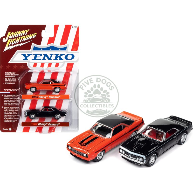 1969 chevrolet camaro hugger orange with black top and stripes and 1967 chevrolet camaro black with white stripe and red interior "yenko" series set of 2 cars 1/64 diecast model cars by johnny lightning
