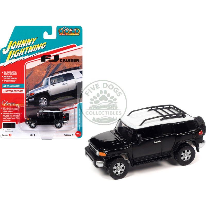 2007 toyota fj cruiser black diamond with white top and roofrack "classic gold collection" series limited edition 1/64 diecast model car by johnny lightning